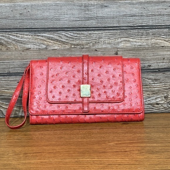 The Limited Handbags - The Limited Vegan Faux Ostrich Leather Clutch Wristlet Purse Red